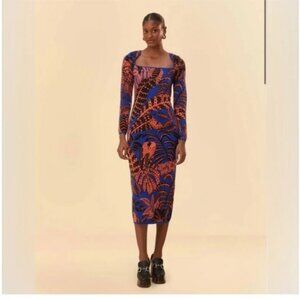 Farm Rio Blue Tropical Gold Long Sleeve Dress